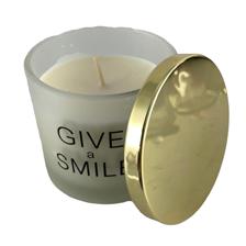 Scented candle in matte glassjar with gold lid.
White glass - 415-652022